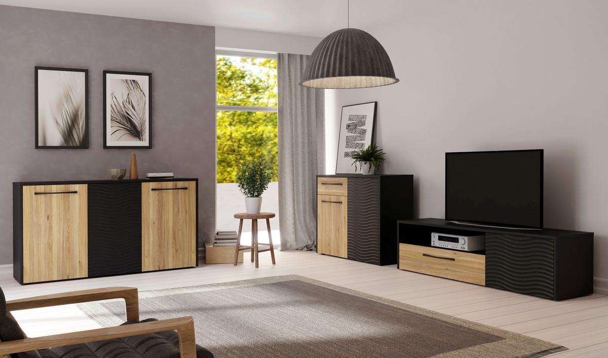 Komoda Karlshamn - boje hrasta/crna, Moderno, drvni materijal/metal (164,2/88,8/42cm) - Premium Living