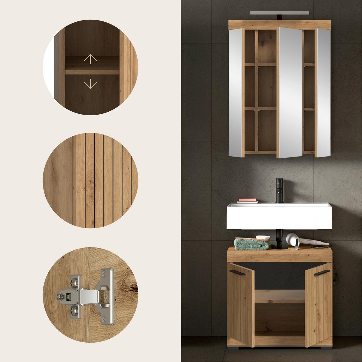 Badezimmer Scout Eiche Artisan 2-teilig - Schwarz/Eiche Artisan, Trend, Glas/Holzwerkstoff (60cm) - MID.YOU