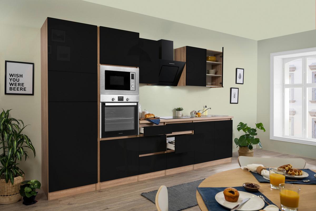 Küchenblock Lorena mit Geräten ca. 335 cm Schwarz - Schwarz Hochglanz/Eichefarben, Basics, Holzwerkstoff (335cm) - Respekta