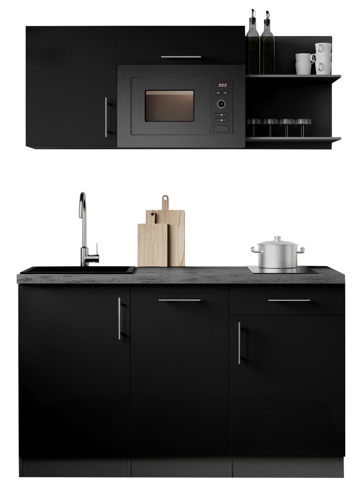 Miniküche Oliver m. Geräten ca. 145cm Schwarz - Schwarz/Grau, Trend, Holzwerkstoff/Metall (145cm) - Respekta