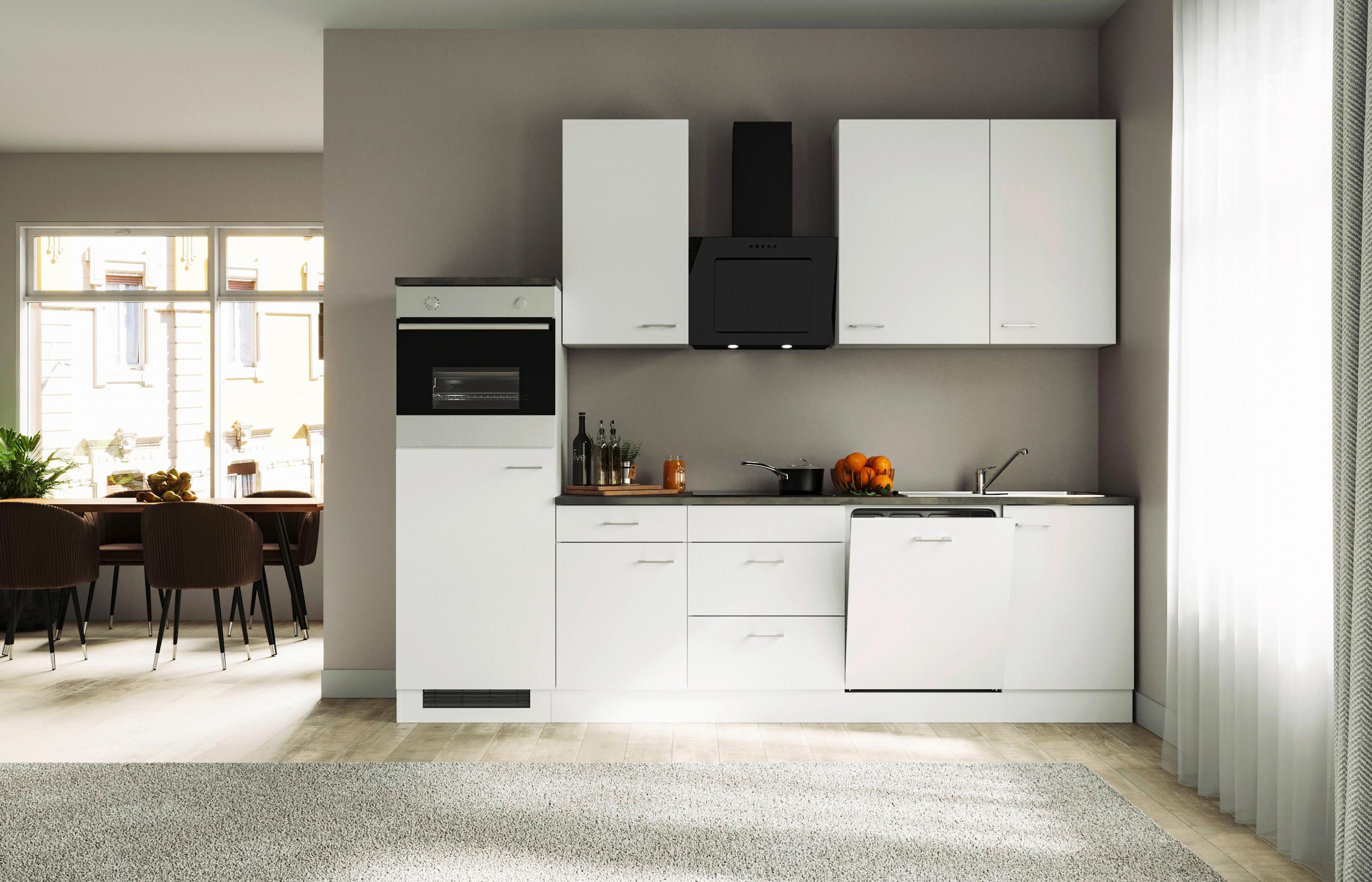 Küchenblock Lucca mit Geräten ca. 280 cm Weiß - Graubraun/Alufarben, KONVENTIONELL, Holzwerkstoff/Kunststoff (280cm) - FlexWell