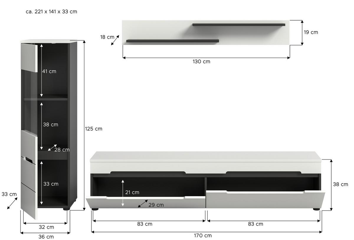 Wohnwand Canu Weiß/Basalt Grau - Schwarz/Weiß, Design, Holzwerkstoff/Kunststoff (221/141/33cm) - Livetastic