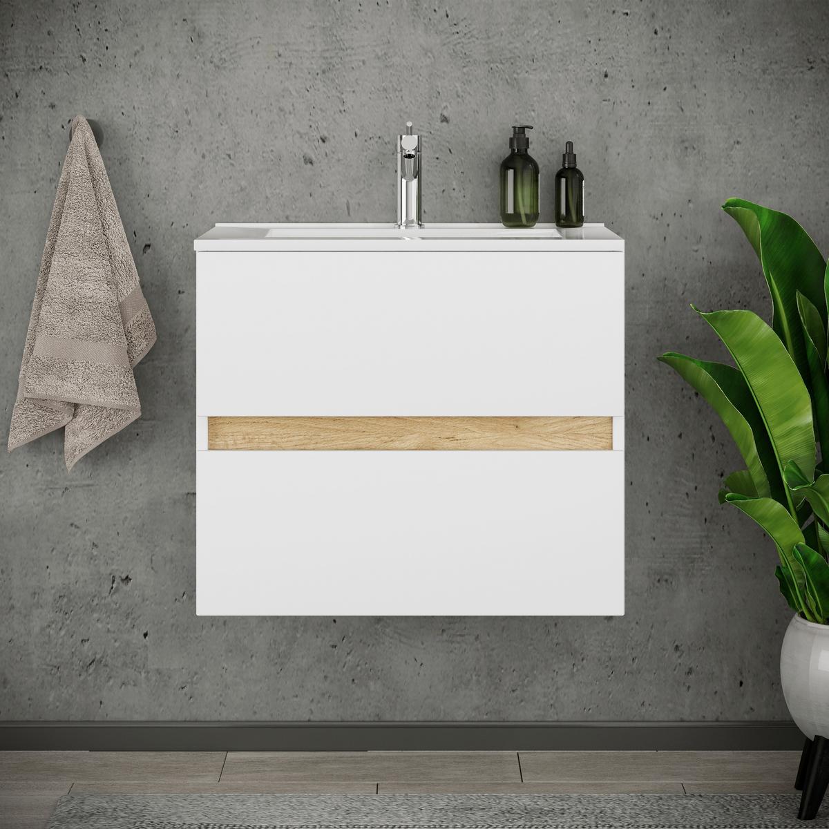 Badezimmer Cosila - Honigeiche/Weiss, Trend, Keramik/Holzwerkstoff (61/51/47cm) - MID.YOU