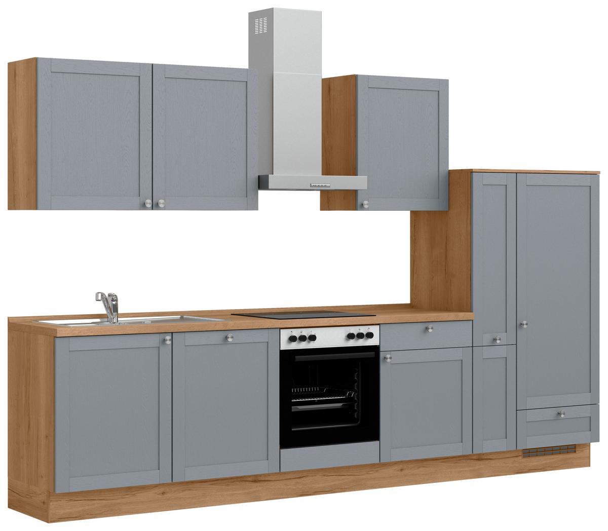 Küchenleerblock Frame Low o. Geräte Blaugrau - Edelstahlfarben/Eichefarben, MODERN, Holzwerkstoff/Metall (330cm) - Nobilia