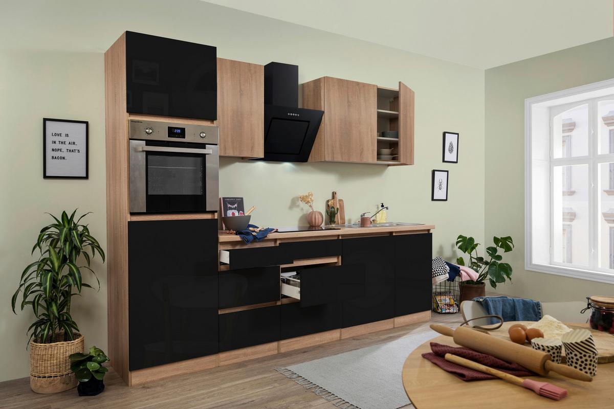 Küchenzeile Premium m. Geräte Schwarz/Eiche B: ca. 280 cm - Schwarz Hochglanz/Eichefarben, Basics, Holzwerkstoff (280cm) - Respekta