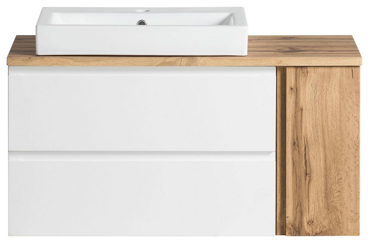 Waschtischkombi ''Varese'', Weiß/Eiche Wotan - Eiche Wotan/Weiß, MODERN, Keramik/Holzwerkstoff (105cm) - Held