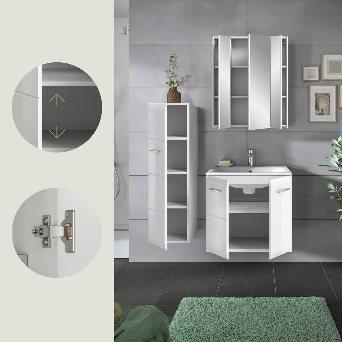 Badezimmer Ice 4-tlg. ca. 90 cm Weiß - Weiß Hochglanz/Silberfarben, MODERN, Keramik/Holzwerkstoff (90cm) - MID.YOU