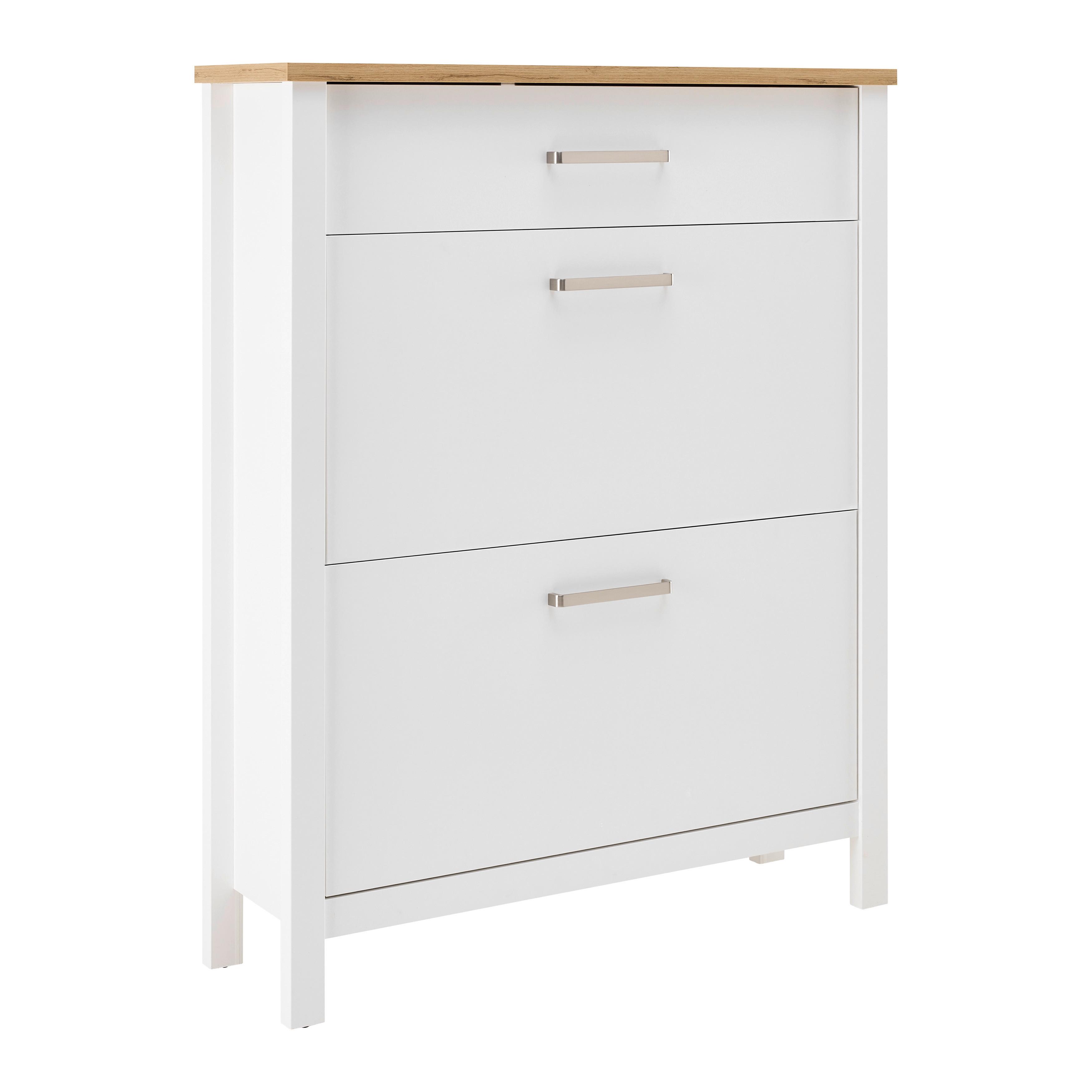 Schuhkipper Sicilia Weiß/Eiche - Silberfarben/Weiß, ROMANTIK / LANDHAUS, Holzwerkstoff/Metall (103/129/45cm) - Mömax