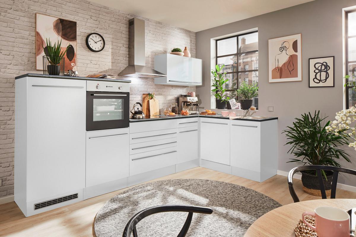 Eckküche Jazz mit Geräten ca.320x175cm Weiß Hochglanz - Weiß Hochglanz/Anthrazit, Basics, Holzwerkstoff/Kunststoff (320/175cm) - P & B
