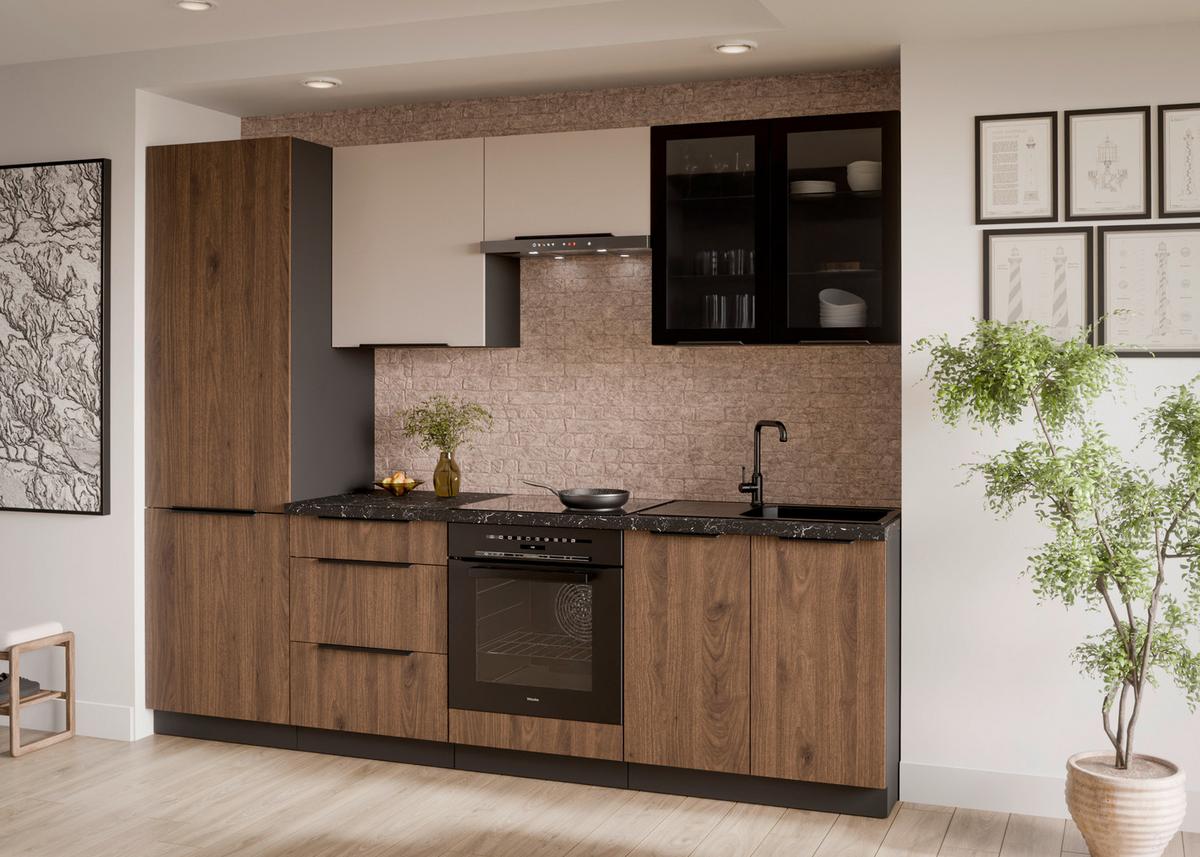 Bucatarie fara electrocasnice MONZA/ARONA - cașmir/culoare lemn de nuc, Modern, sticlă/material pe bază de lemn (260/210/60cm) - Modern Living