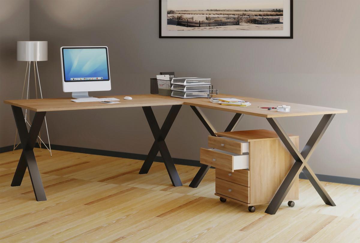 Kotna Pisalna Miza Lona, Hrast, 160x160cm - črna/hrast sonoma, Moderno, kovina/leseni material (160/160/76cm) - MID.YOU
