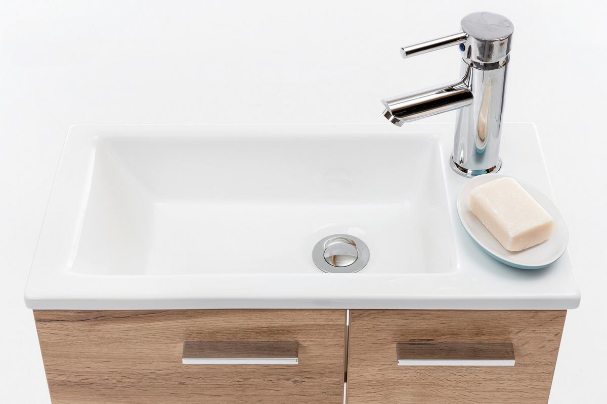 Waschtischkombi Matteo Eiche - Eichefarben/Weiß Hochglanz, MODERN, Keramik/Holzwerkstoff (50cm) - MID.YOU