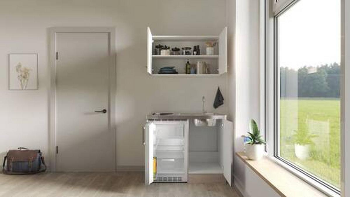 Miniküche Riva mit Geräten ca. 100 cm Champagner/Eiche - Champagner/Edelstahlfarben, MODERN, Holzwerkstoff/Metall (100cm) - FlexWell