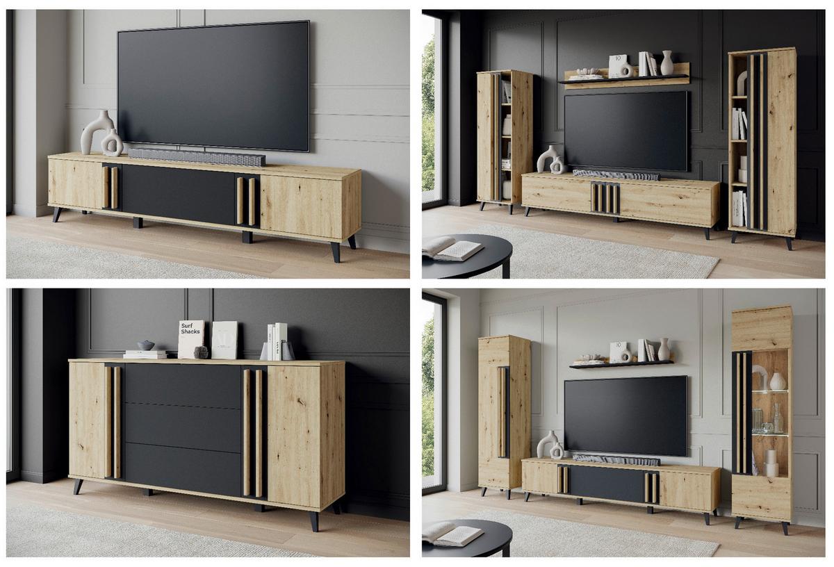 Dnevni Regal Helsinki 1, Barva Hrasta, 4-Delno - črna/hrast artisan, Trend, umetna masa/leseni material (270/140/33cm)