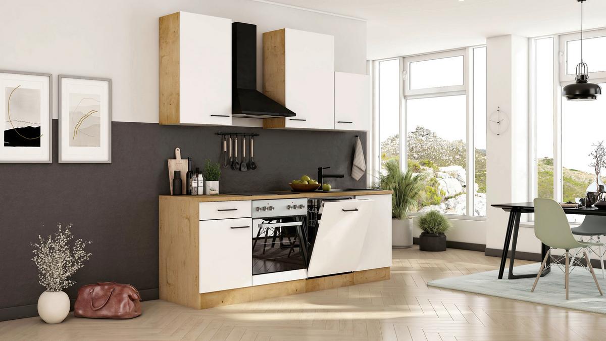 Küchenblock Avila m. Geräten Magnolie - Eichefarben/Magnolie, Trend, Holzwerkstoff/Metall (220cm) - FlexWell