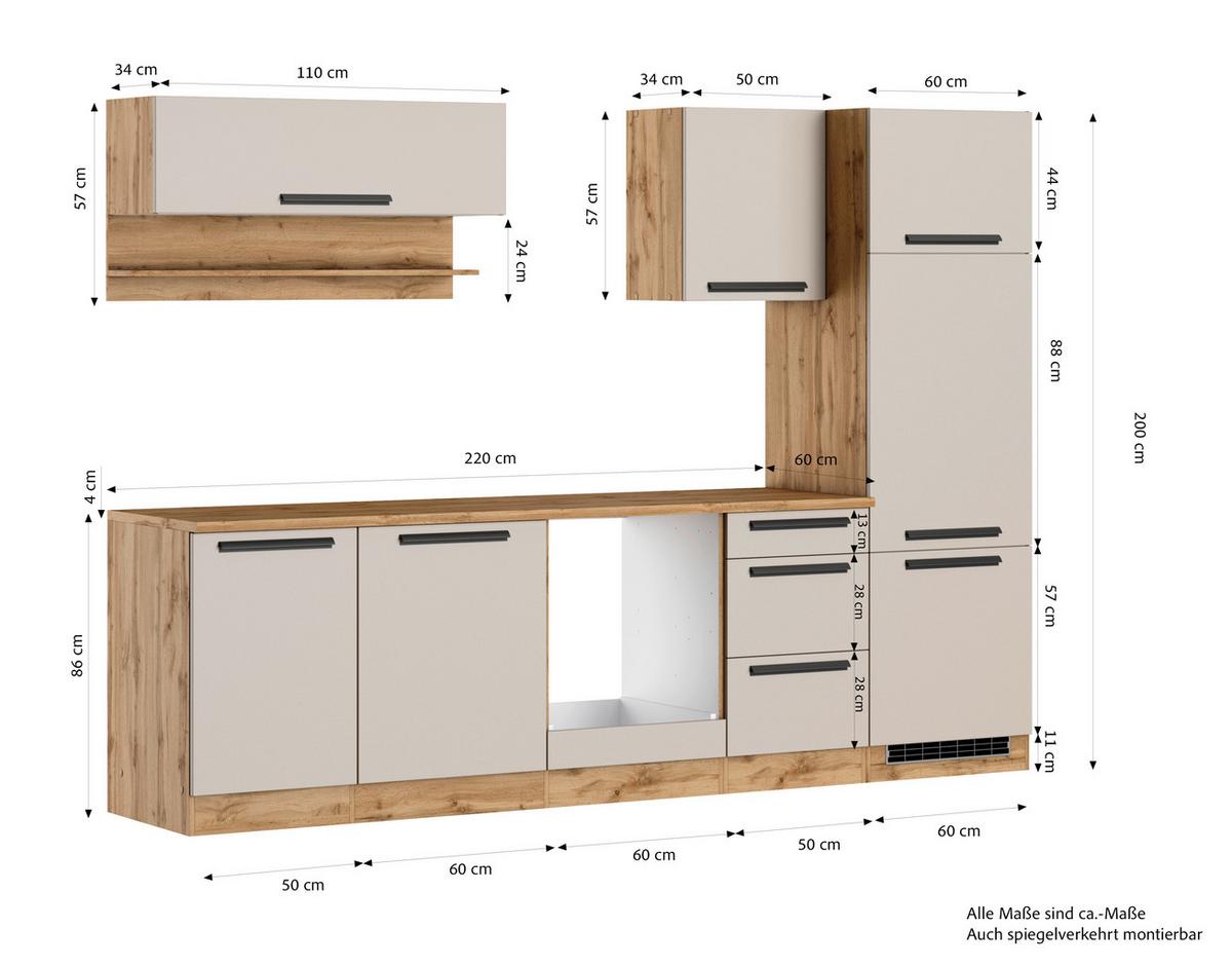 Küchenleerblock Aveiro o. Geräte Kaschmir - Kaschmir/Eiche Wotan, Trend, Holzwerkstoff/Metall (280cm) - Held
