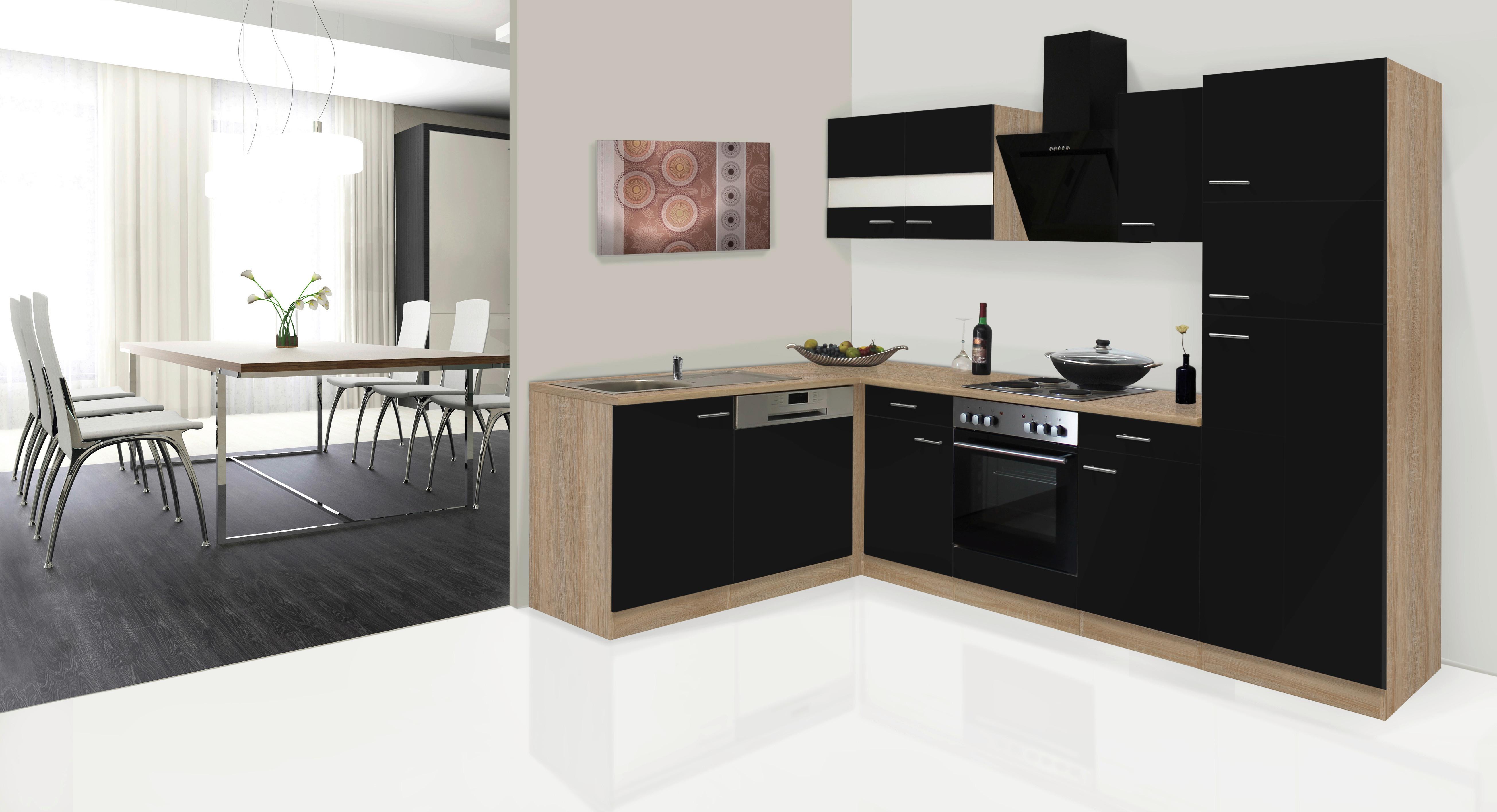Eckküche Economy Schwarz/Eiche mit Geräte ca. 172x280 cm - Eichefarben/Schwarz, Basics, Glas/Holzwerkstoff (172/280cm) - Respekta