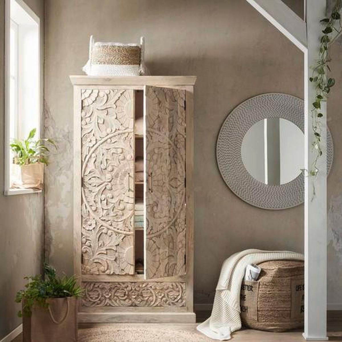 Schrank Ayda aus Mangoholz massiv - Messingfarben/Naturfarben, ROMANTIK / LANDHAUS, Holz/Metall (90/175/45cm) - Zandiara