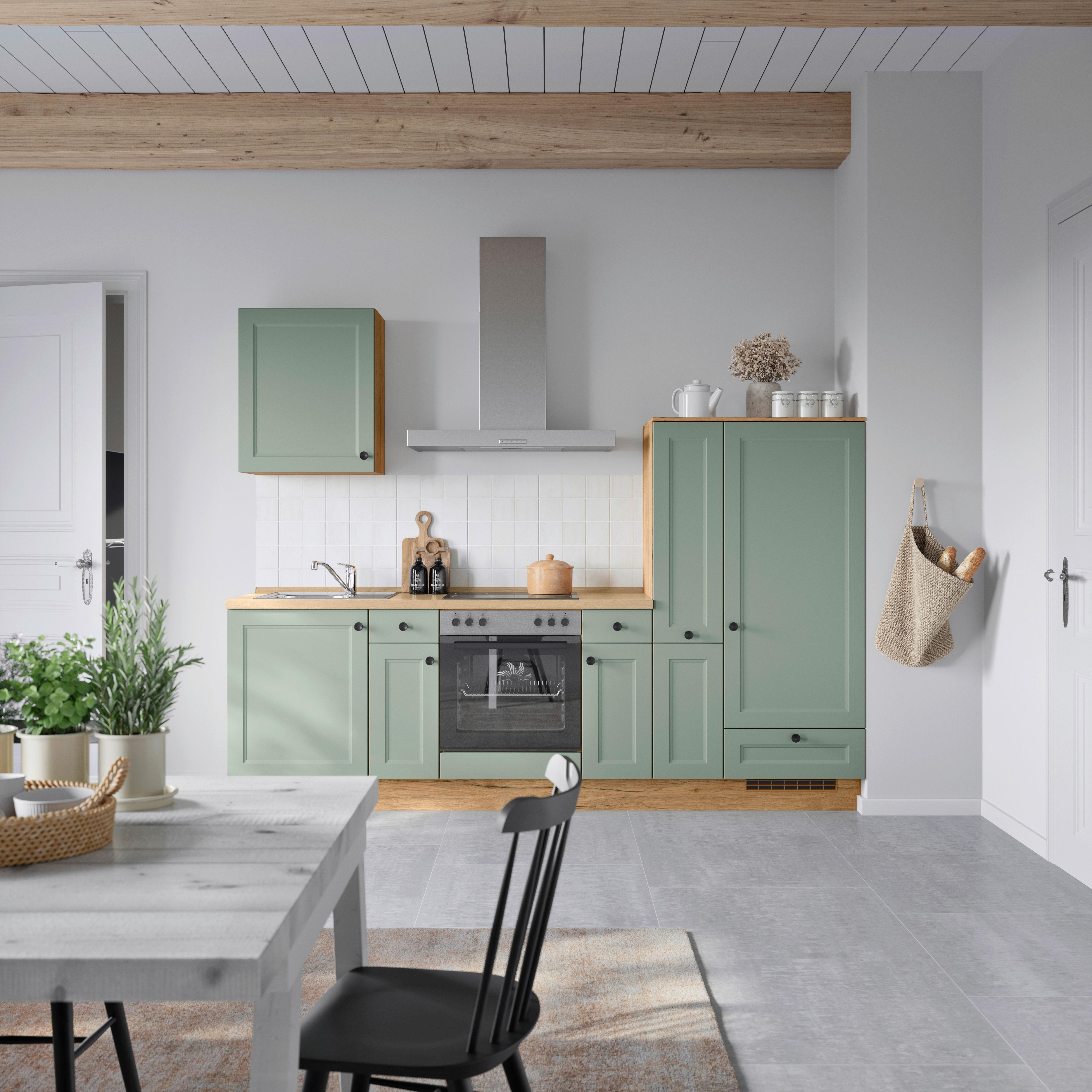 Küchenblock Cascada Low m. Geräten Schilfgrün - Schilfgrün/Eichefarben, MODERN, Holzwerkstoff/Metall (270cm) - Nobilia