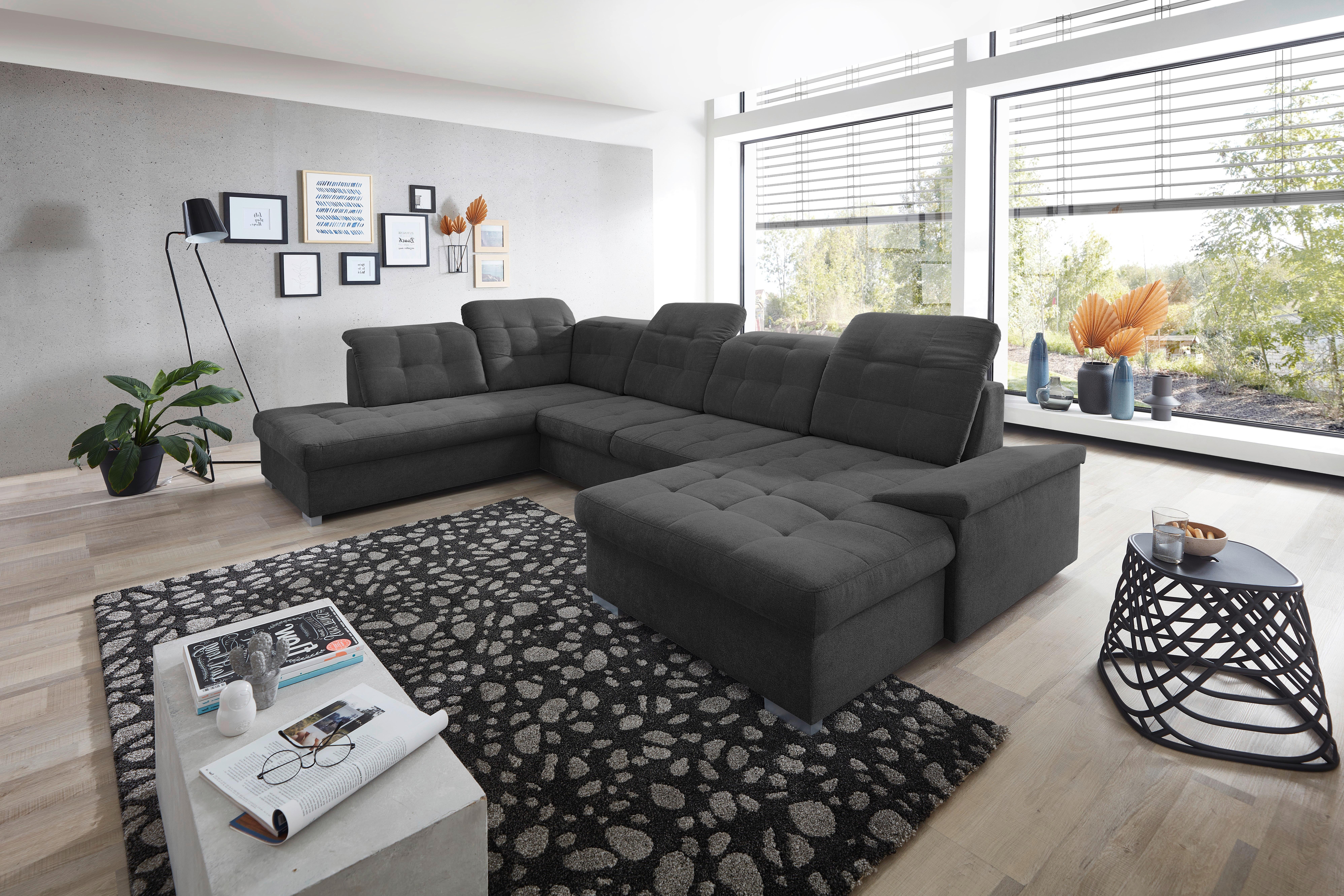 Wohnlandschaft Zira Schwarz Nylon/Mikrofaser - Chromfarben/Schwarz, Design, Kunststoff/Textil (212/330/169cm) - Livetastic
