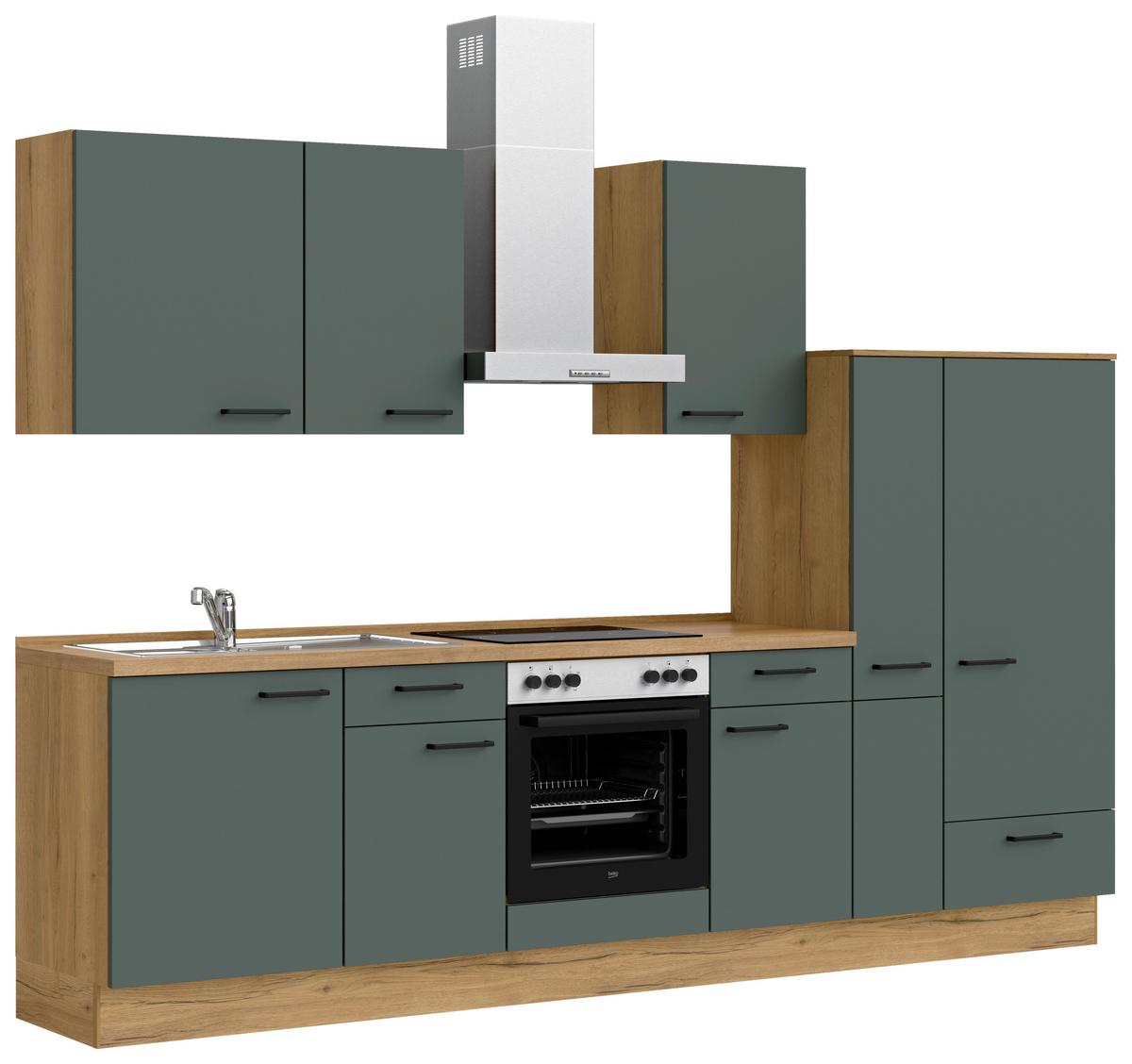 Küchenblock Easytouch Low m. Geräten Dunkelgrün - Dunkelgrün/Eichefarben, MODERN, Holzwerkstoff/Metall (300cm) - Nobilia