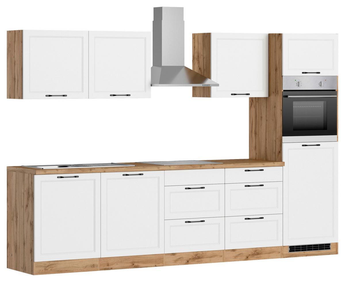 Küchenzeile Meran mit Geräten ca. 300 cm Weiß/Eiche Dekor - Eiche Wotan/Schwarz, LIFESTYLE, Holzwerkstoff/Metall (300cm) - Held