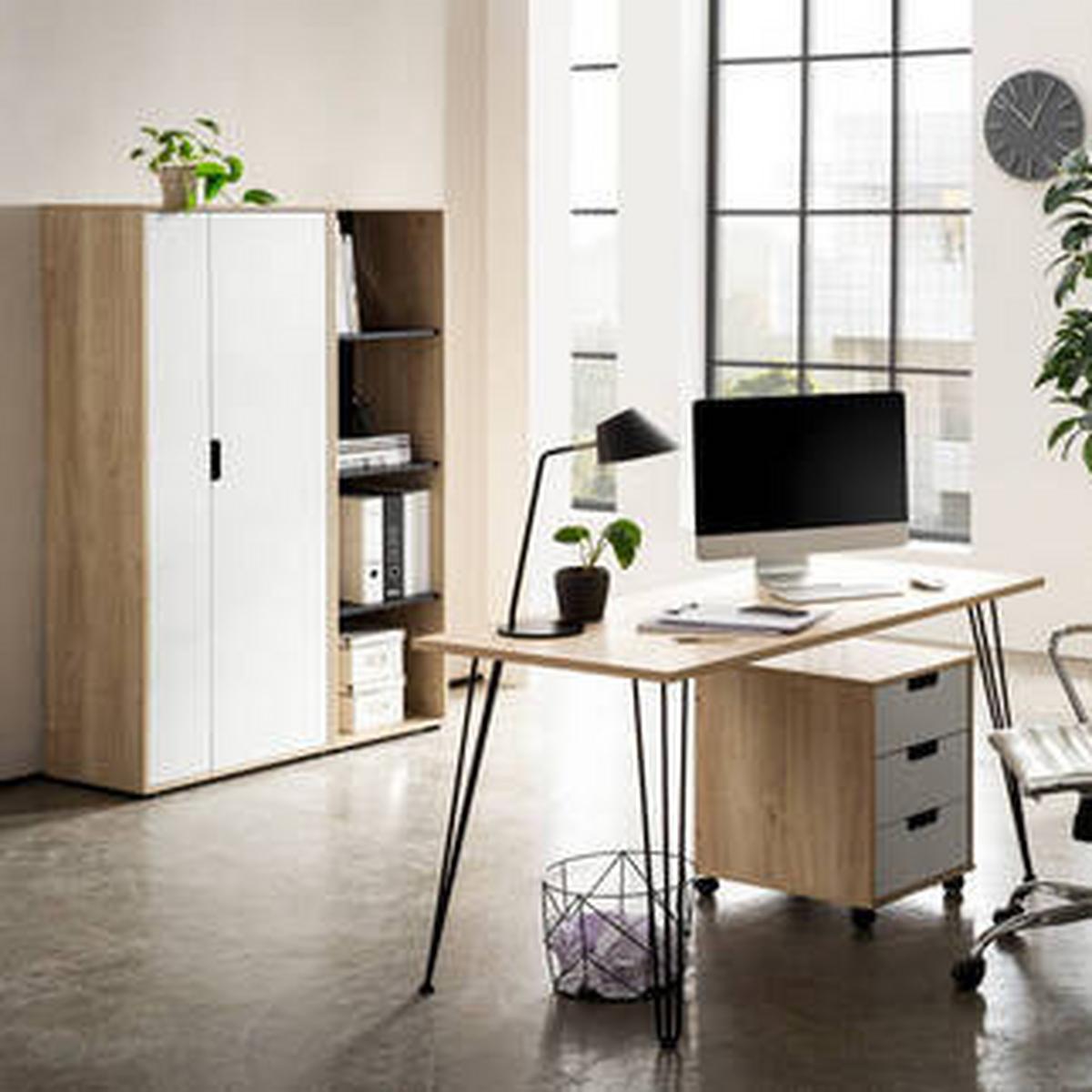 Aktenschrank Emmik Weiß/Eichefarben - Eichefarben/Schwarz, MODERN, Holzwerkstoff (65,1/163,6/41cm) - MID.YOU