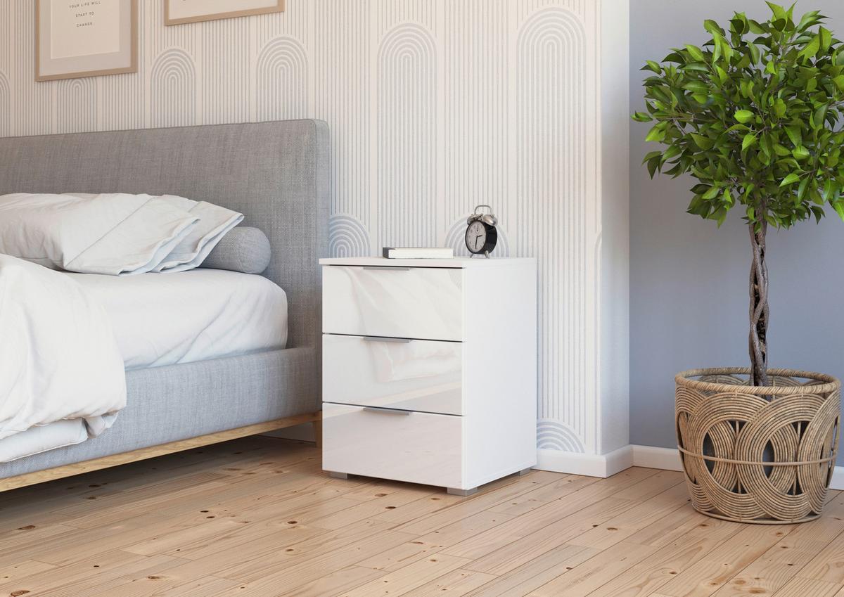 Noćni Ormarić Mars - bijela/bijela visoki sjaj, Konvencionalno, staklo/drvni materijal (47/62/42cm) - Modern Living