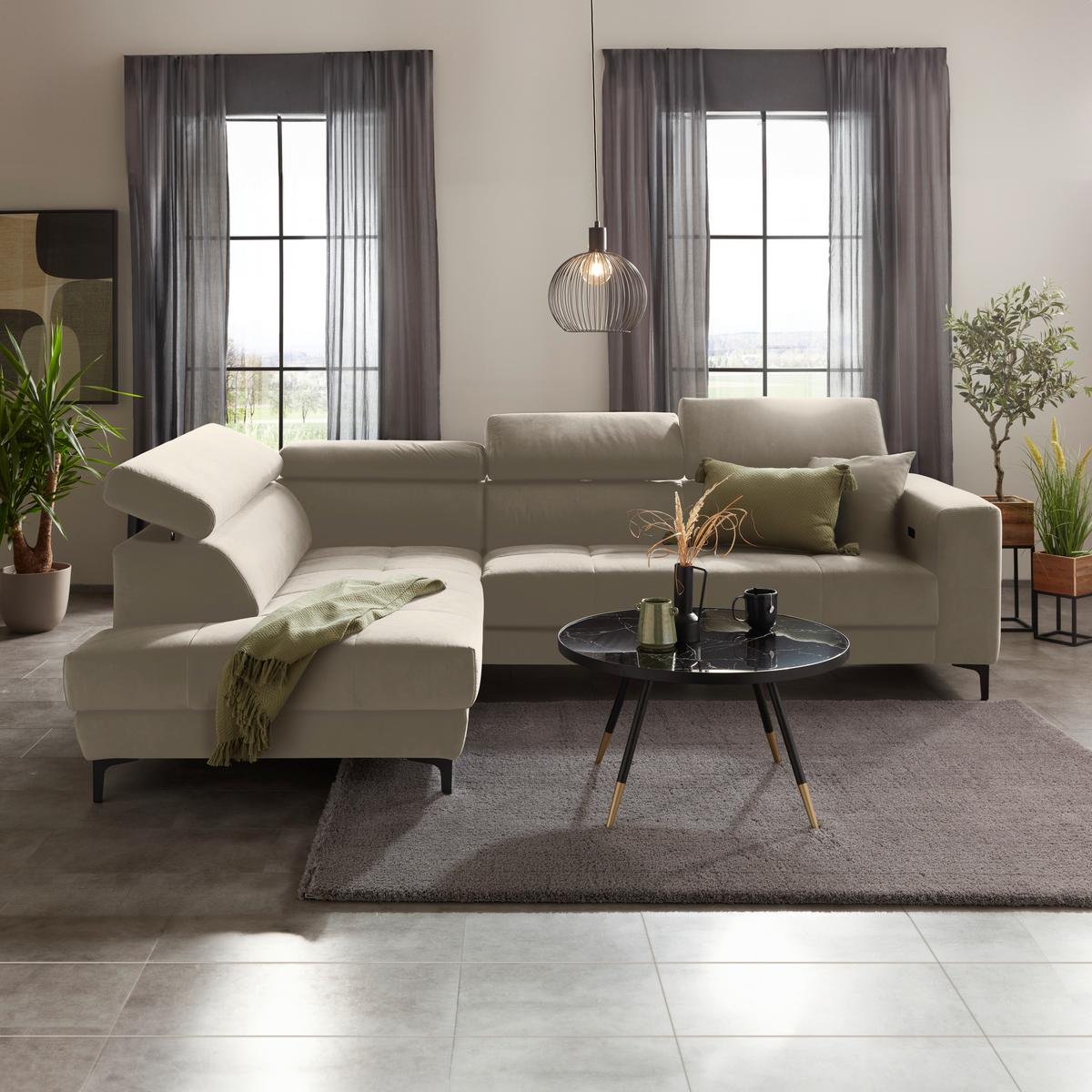 Ecksofa Emma links Beige - Beige/Schwarz, MODERN, Textil (210/301cm) - Premium Living