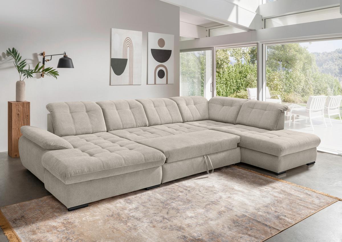 Wohnlandschaft Rigatti Beige Chenille mit Bettkasten - Beige/Schwarz, MODERN, Textil/Metall (184/387/252cm) - Livetastic