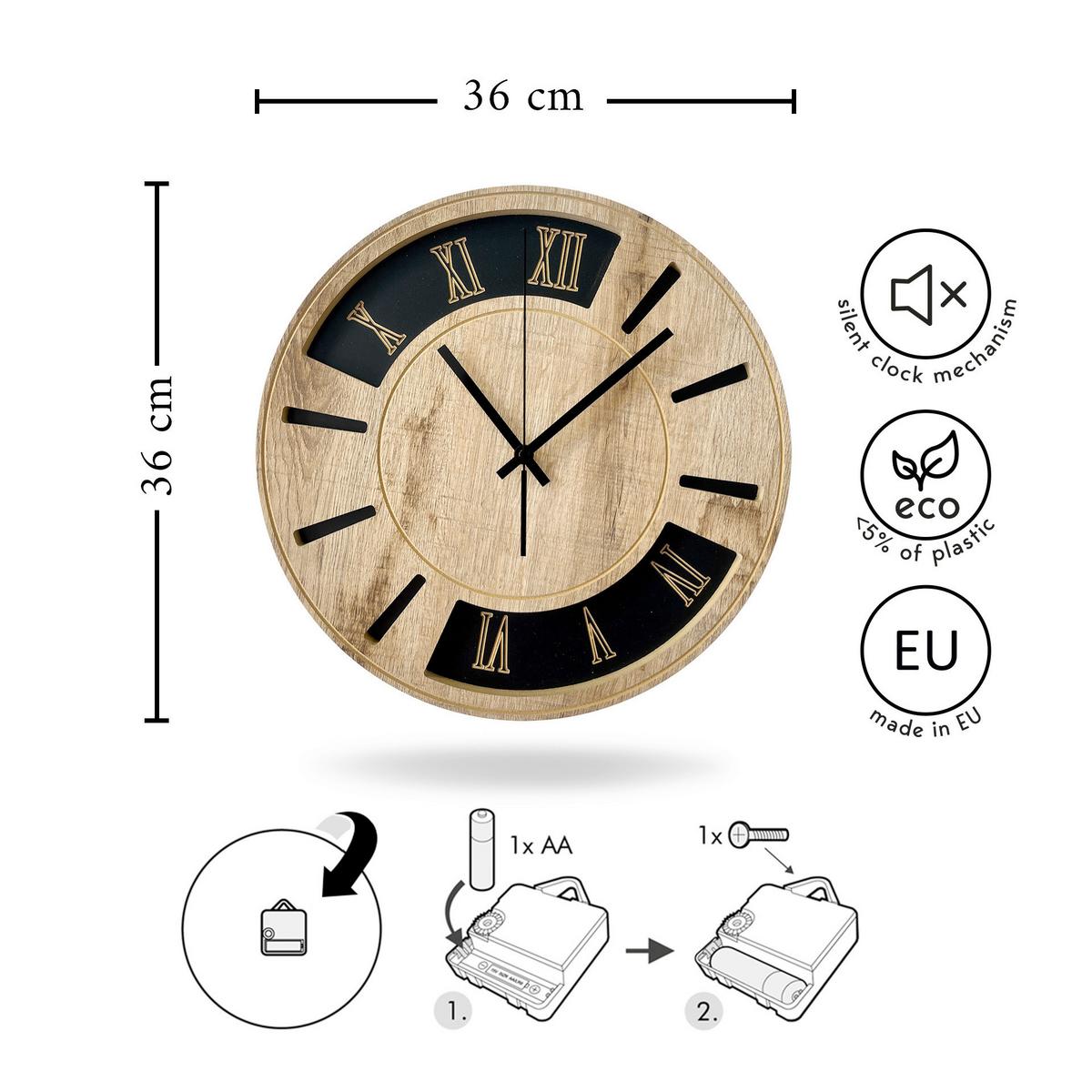 Wanduhr Schwarz/Eichefarben Ø ca. 36cm - Eichefarben/Schwarz, Basics, Holz/Kunststoff (36cm)