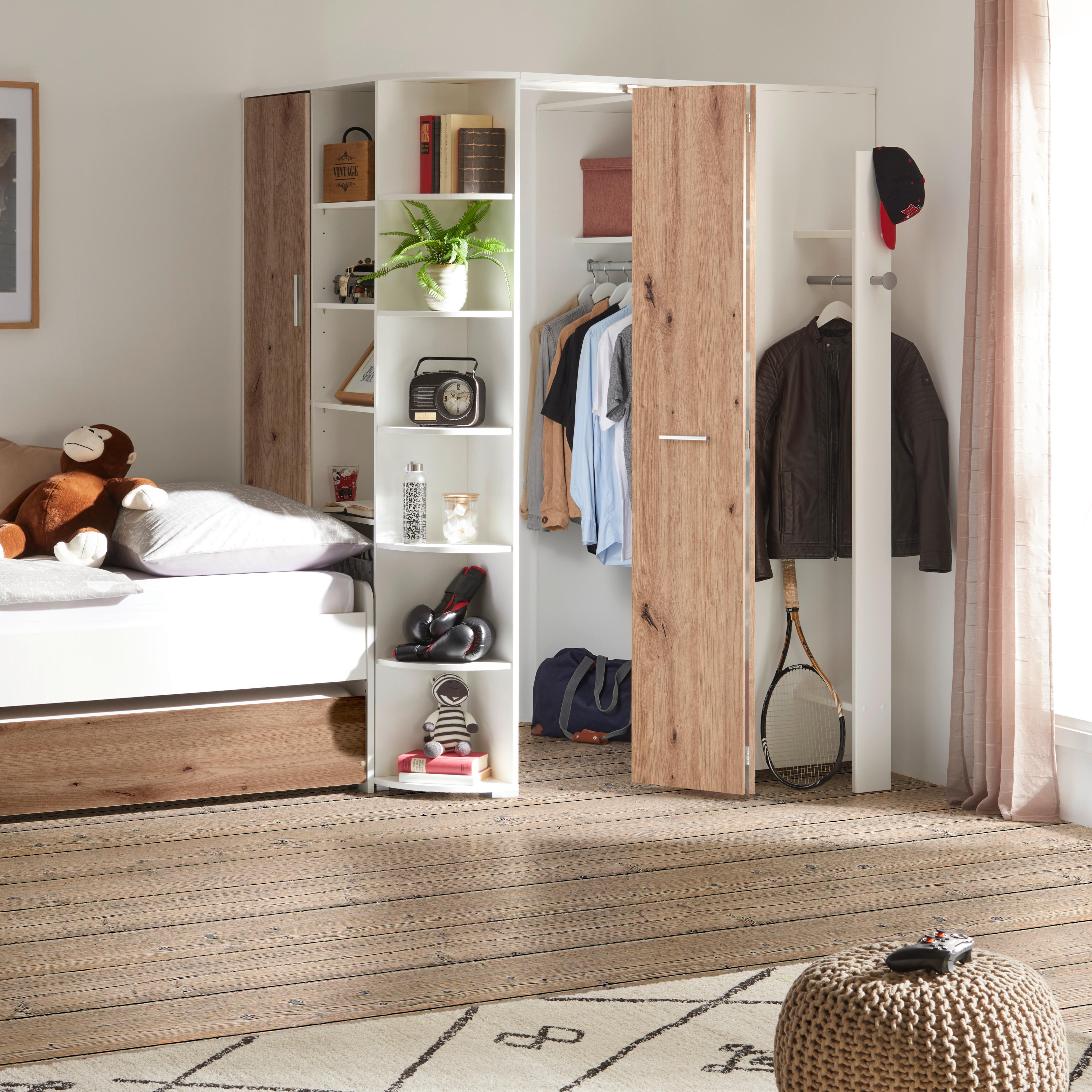 Eckschrank Young in Weiss/Eichefarben - Weiss/Alufarben, Konventionell, Holzwerkstoff/Kunststoff (124/198/148cm) - Mömax