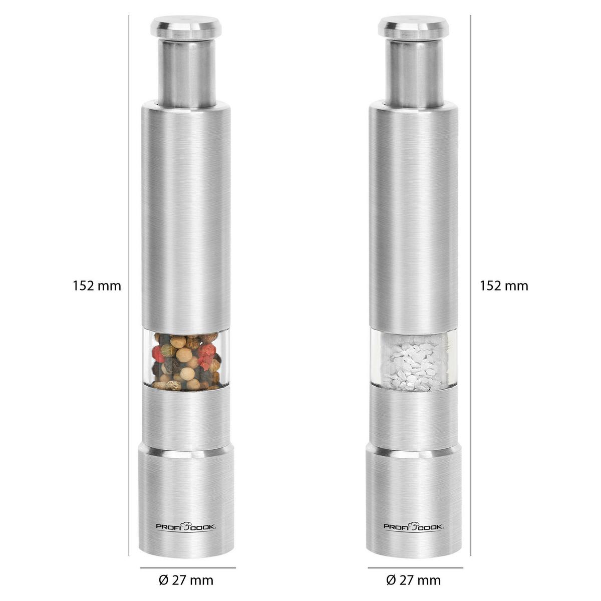 MŁYNEK ELEKTRYCZNY SÓL/PIEPRZ PC-PSM 1160 - kolor stalowy, Basics, tworzywo sztuczne/metal (2,7/15,2/2,7cm) - Bomann