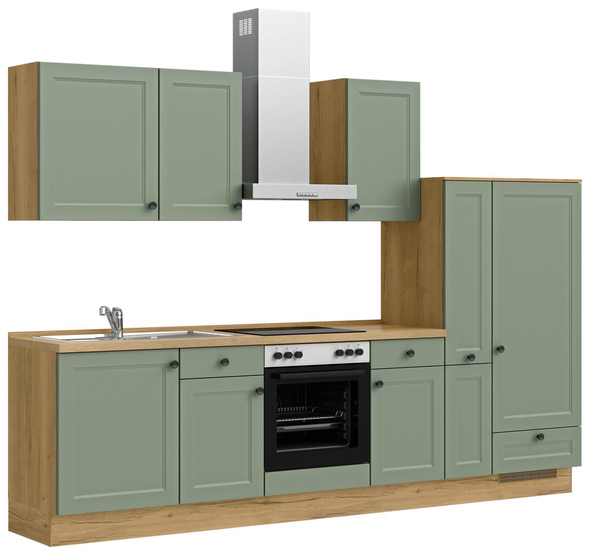 Küchenblock Cascada Low m. Geräten Schilfgrün - Schilfgrün/Eichefarben, MODERN, Holzwerkstoff/Metall (300cm) - Nobilia