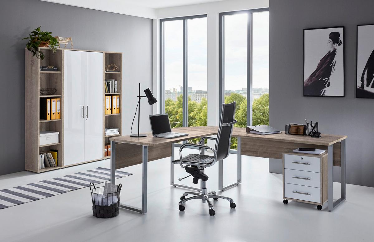 Büro Office Edition Set 3 Sonoma Eiche/Weiß - Weiß Hochglanz/Sonoma Eiche, MODERN, Holzwerkstoff - MID.YOU
