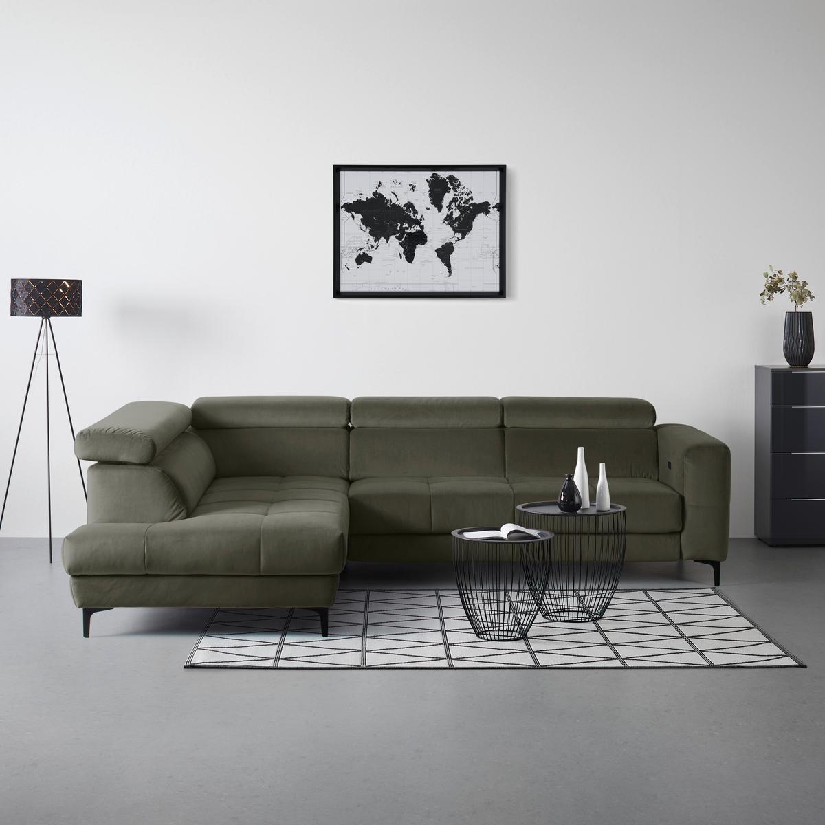 Ecksofa Emma links Graugrün - Schwarz/Graugrün, MODERN, Textil (210/301cm) - Premium Living