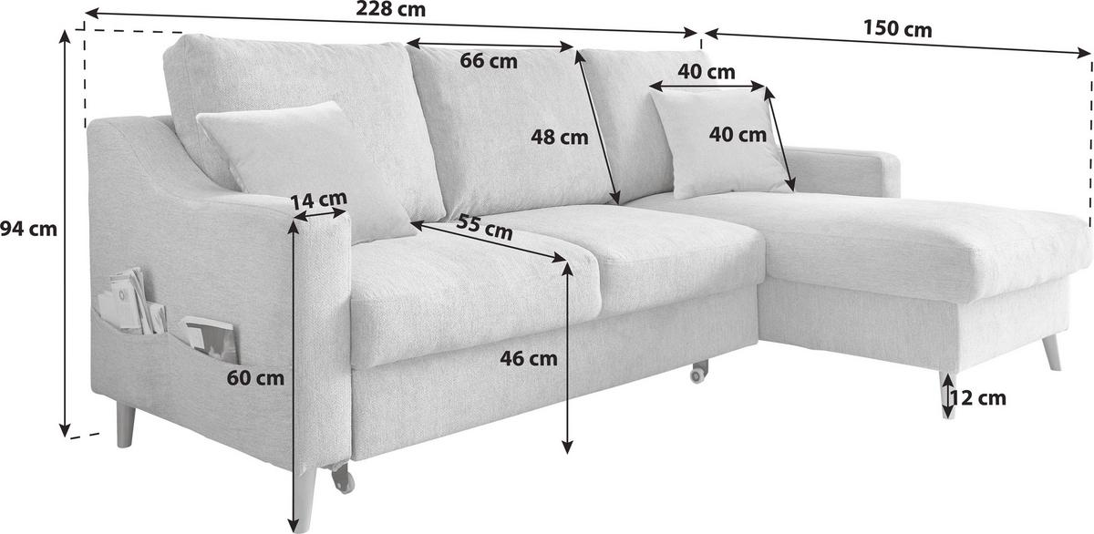 Ecksofa Valentina Cord ca. 228x150 cm Graubraun - Graubraun/Naturfarben, Design, Holz/Textil (228/150cm) - P & B