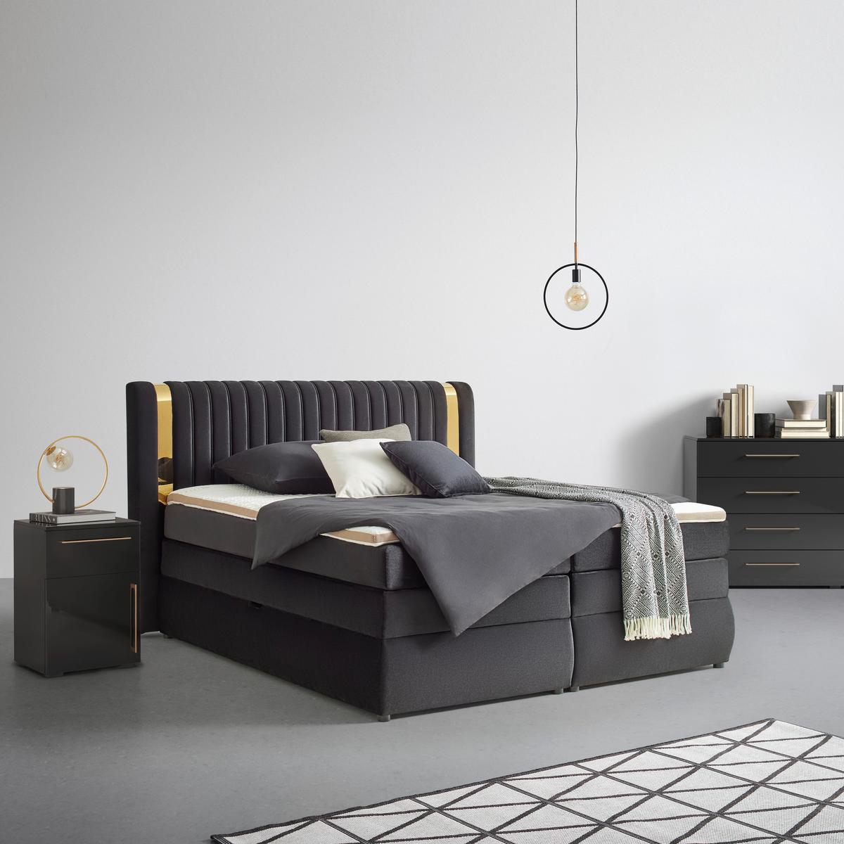Boxspringbett Minola Gold Schwarz ca. 180x200cm - Schwarz, KONVENTIONELL, Kunststoff/Textil (180/200cm) - Premium Living