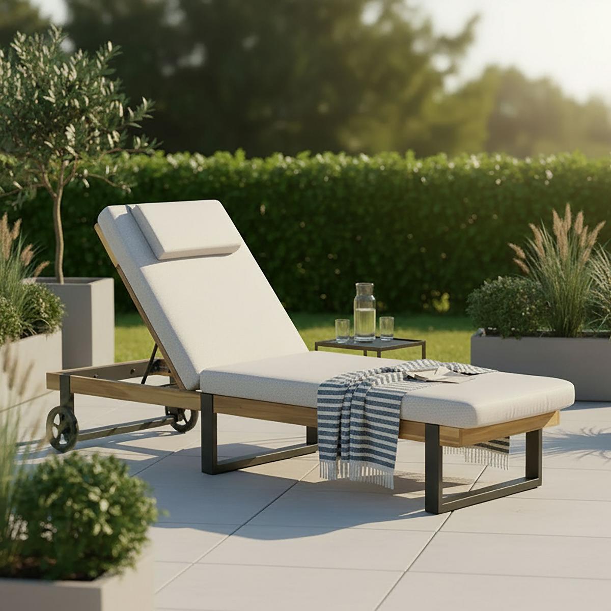 Gartenliege Elenyi greige Metall/Outdoorstoff/Holz - Creme/Grau, MODERN, Holz/Textil (65/95/200cm) - Bessagi Garden