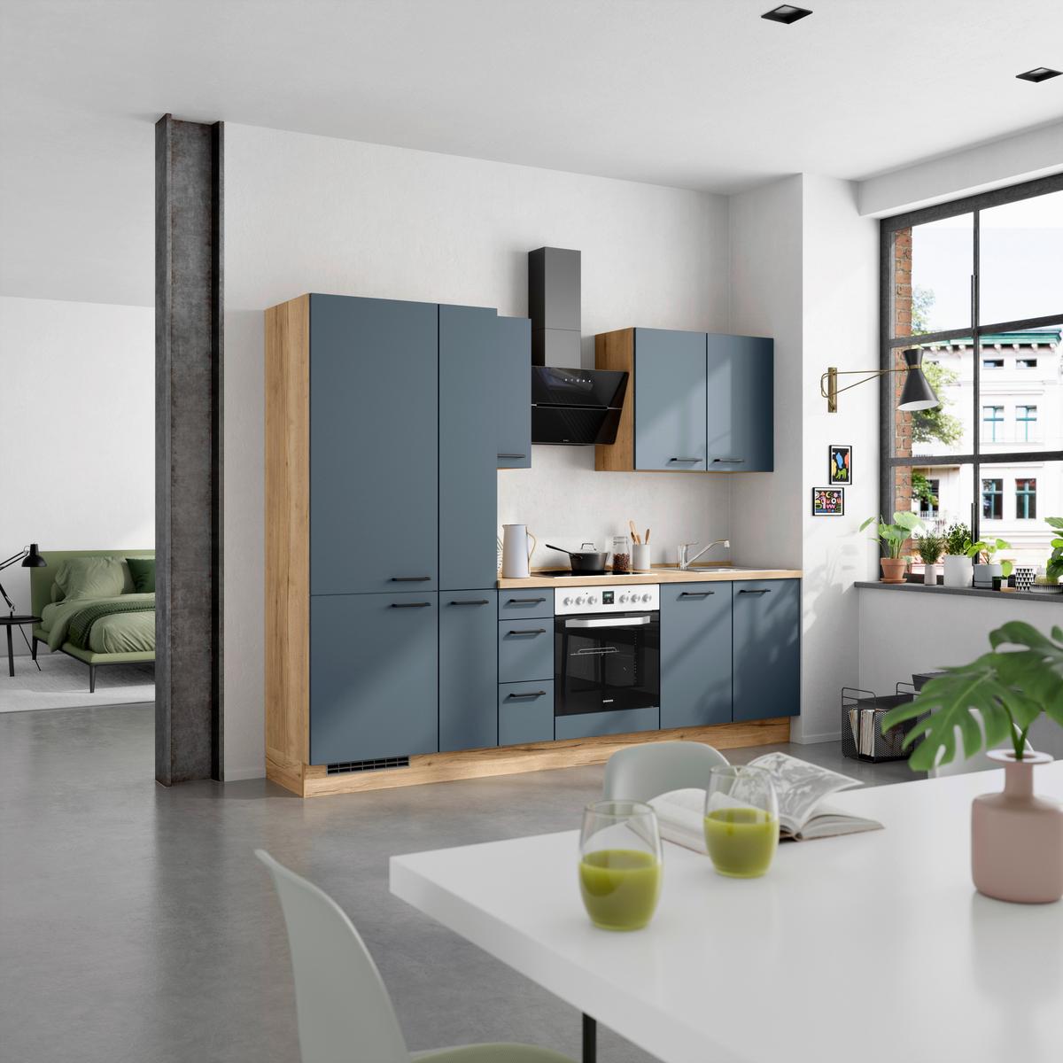 Küchenblock Easytouch High m. Geräten Dunkelblau - Eichefarben/Schwarz, MODERN, Holzwerkstoff/Metall (270cm) - Nobilia