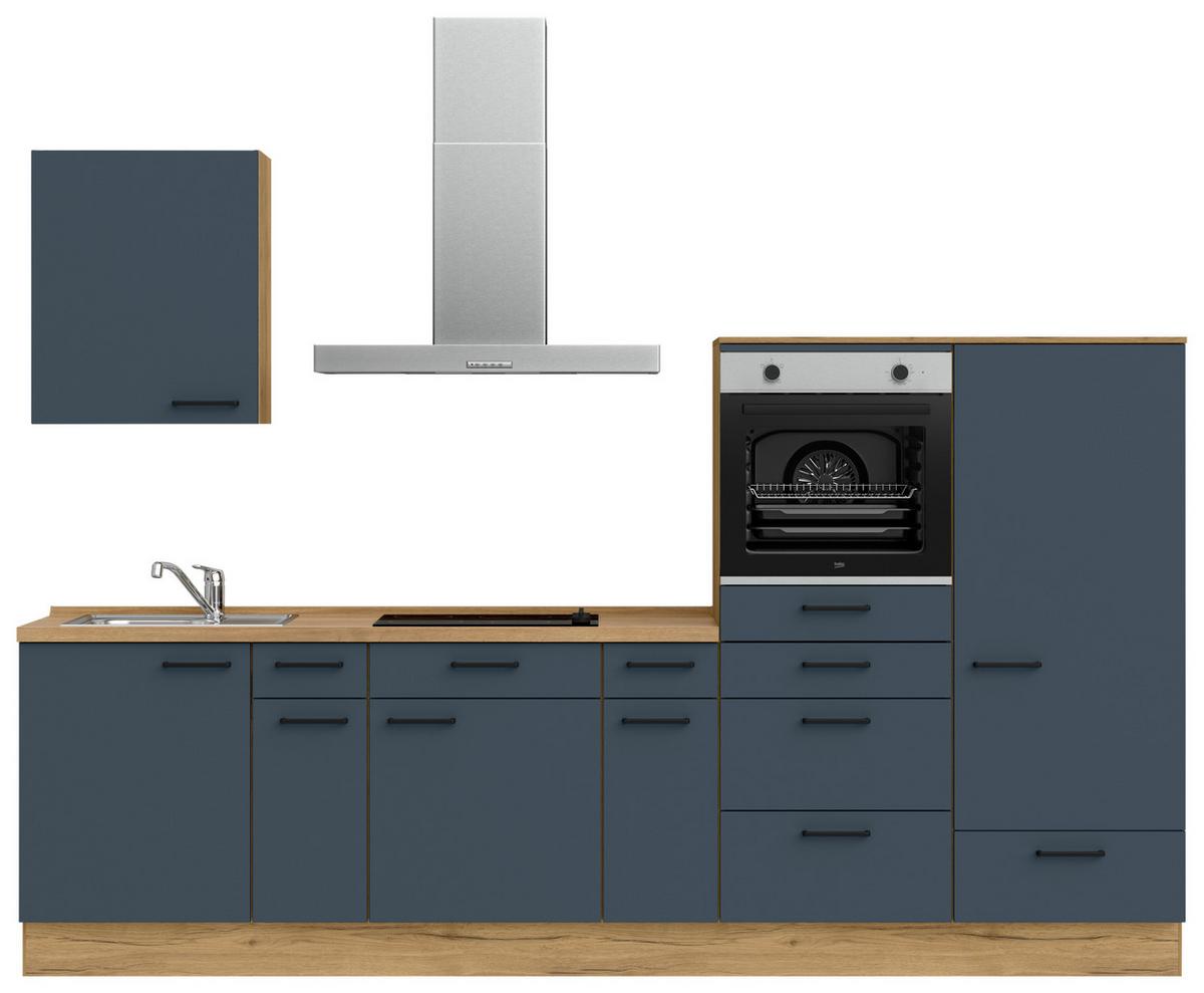 Küchenblock Easytouch Low m. Geräten Blau - Blau/Eichefarben, MODERN, Holzwerkstoff/Metall (300cm) - Nobilia