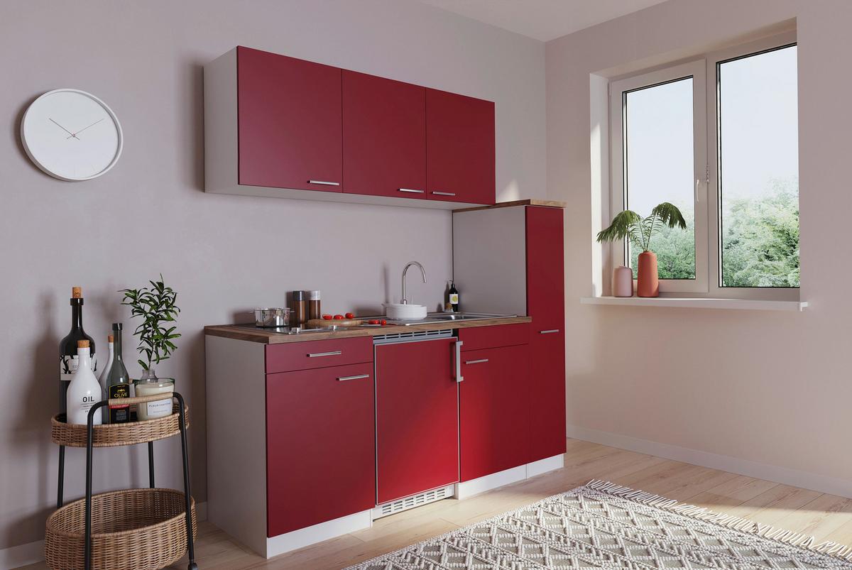 Küchenzeile Economy m. Geräten Rot/Nussbaum B: ca. 180 cm - Rot/Nussbaumfarben, Basics, Holzwerkstoff/Kunststoff (180cm) - Respekta