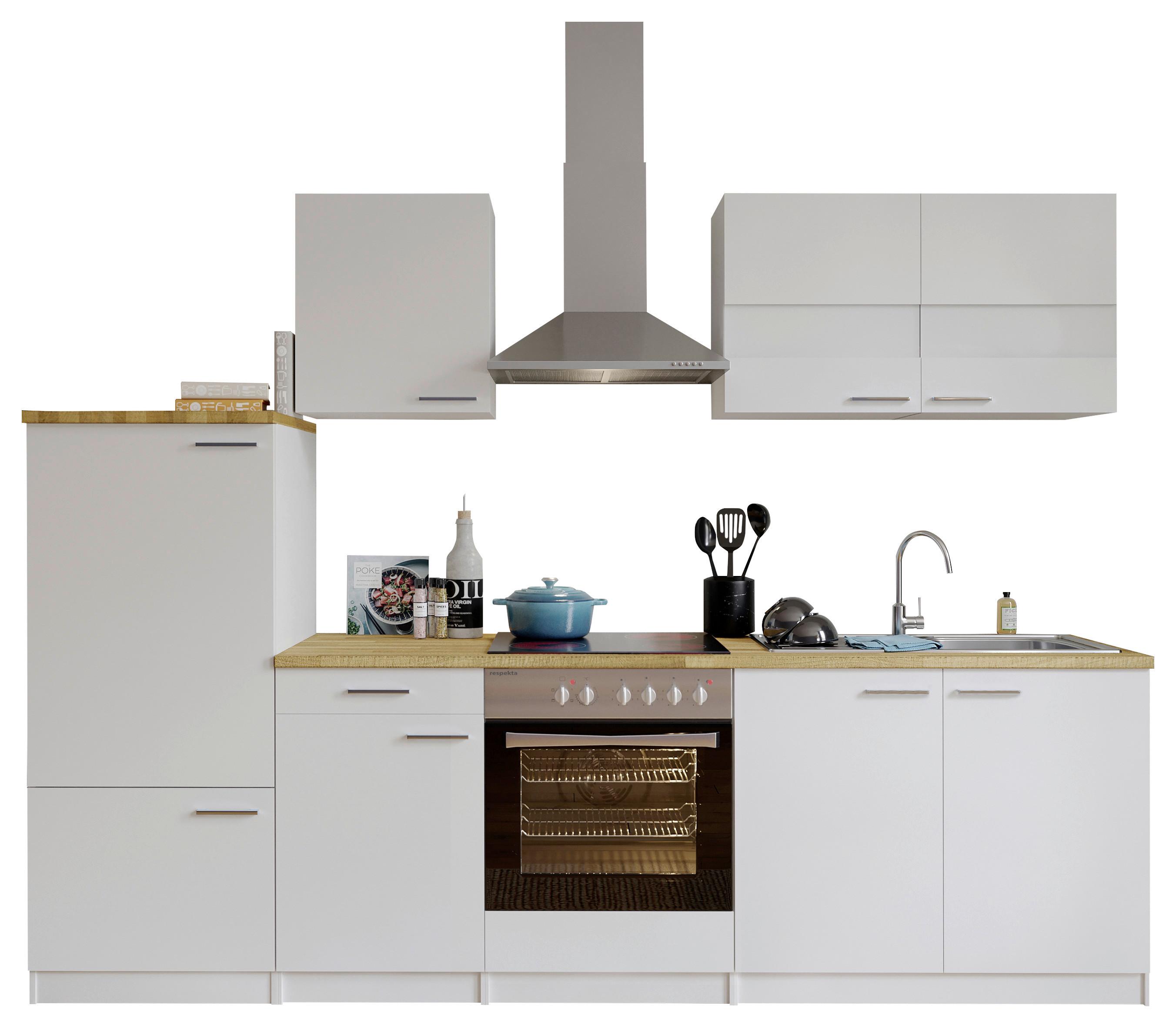 Küchenzeile Economy o. Geräte Weiß/Nussbaum B: ca. 270 cm - Silberfarben/Nussbaumfarben, Basics, Holzwerkstoff/Metall (270cm) - Respekta