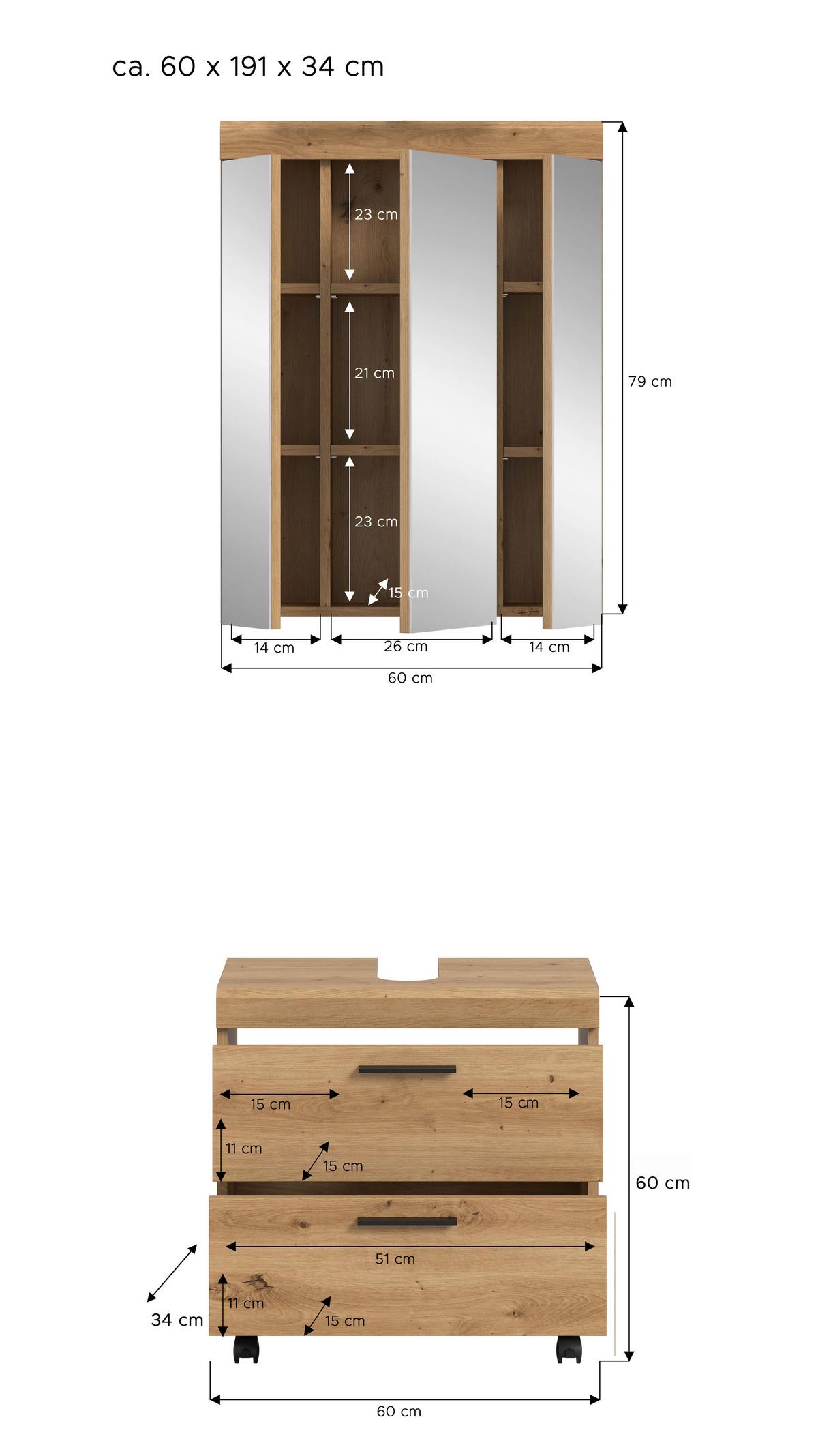 Badezimmer Scout Eiche Artisan 2-teilig - Schwarz/Eiche Artisan, Trend, Glas/Holzwerkstoff (60cm) - MID.YOU