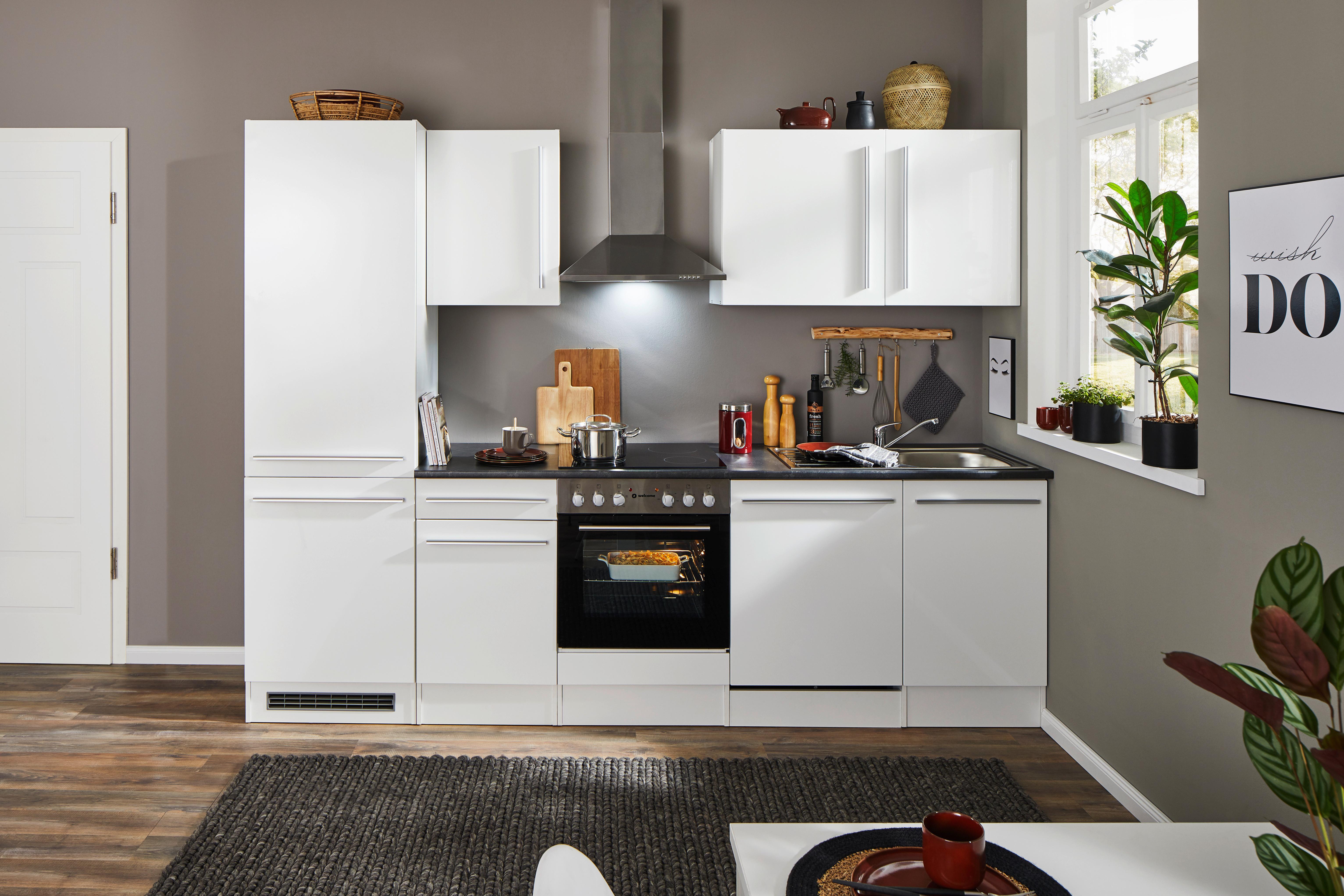 Küchenblock Jazz mit Geräten ca.280cm Weiß Hochglanz - Weiß Hochglanz/Dunkelgrau, LIFESTYLE, Holzwerkstoff/Kunststoff (280cm) - P & B