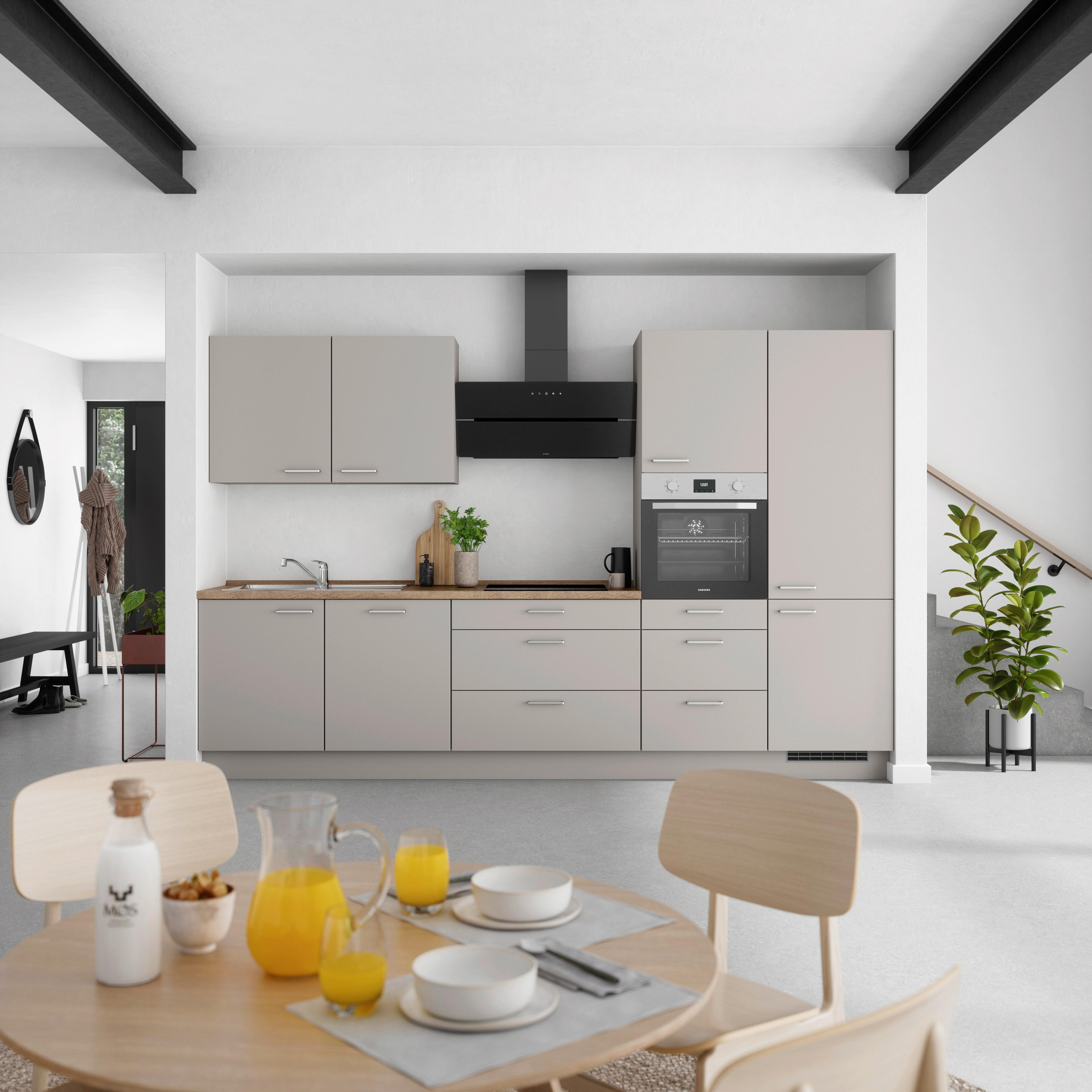 Küchenblock Touch High m. Geräten Grau - Eiche dunkel/Edelstahlfarben, MODERN, Holzwerkstoff/Metall (330cm) - Nobilia