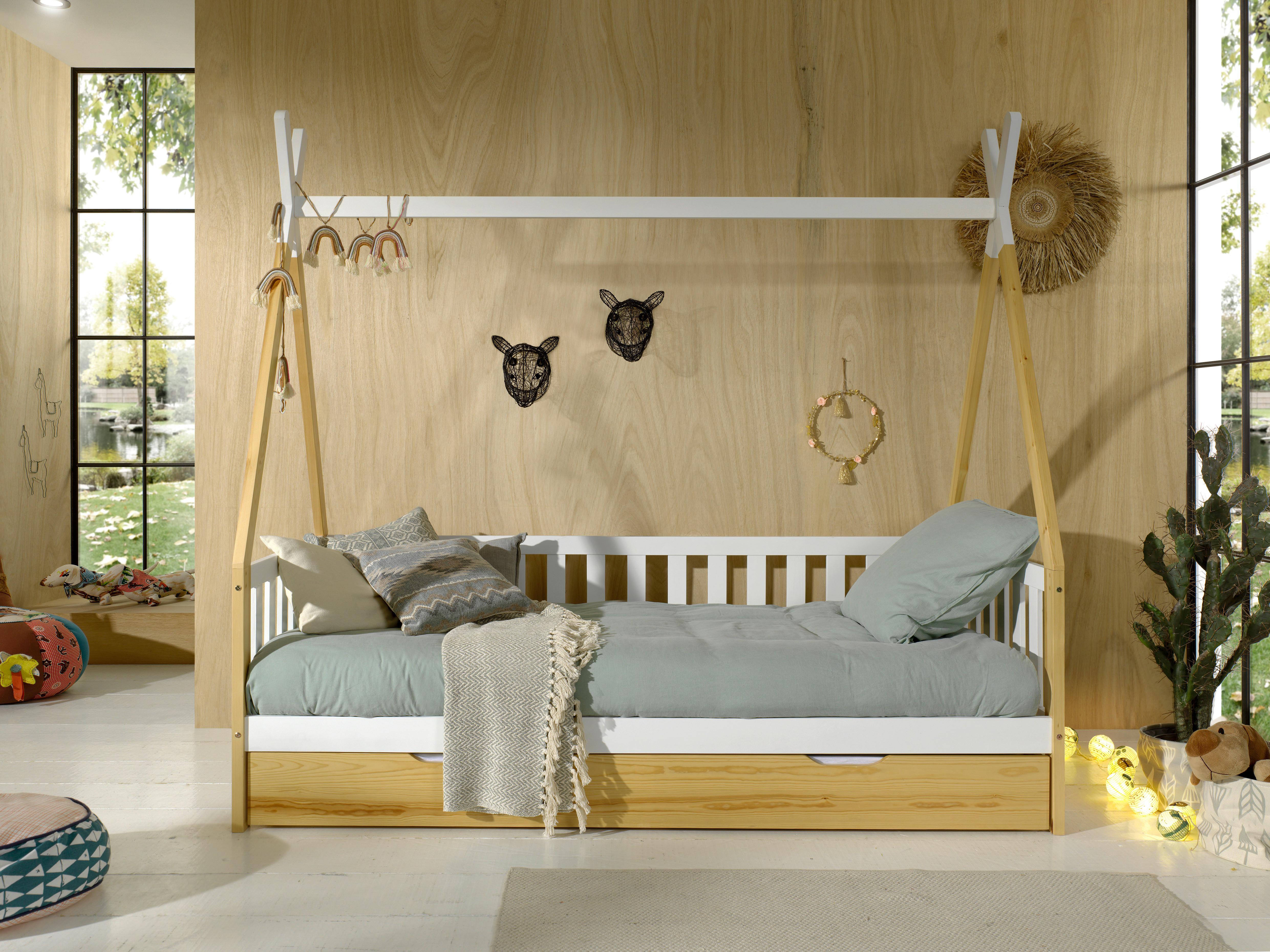 Spielbett "Tipi" 90x200 cm, weiß/natur - Weiß/Kieferfarben, MODERN, Holz/Holzwerkstoff (90/200cm) - Vipack