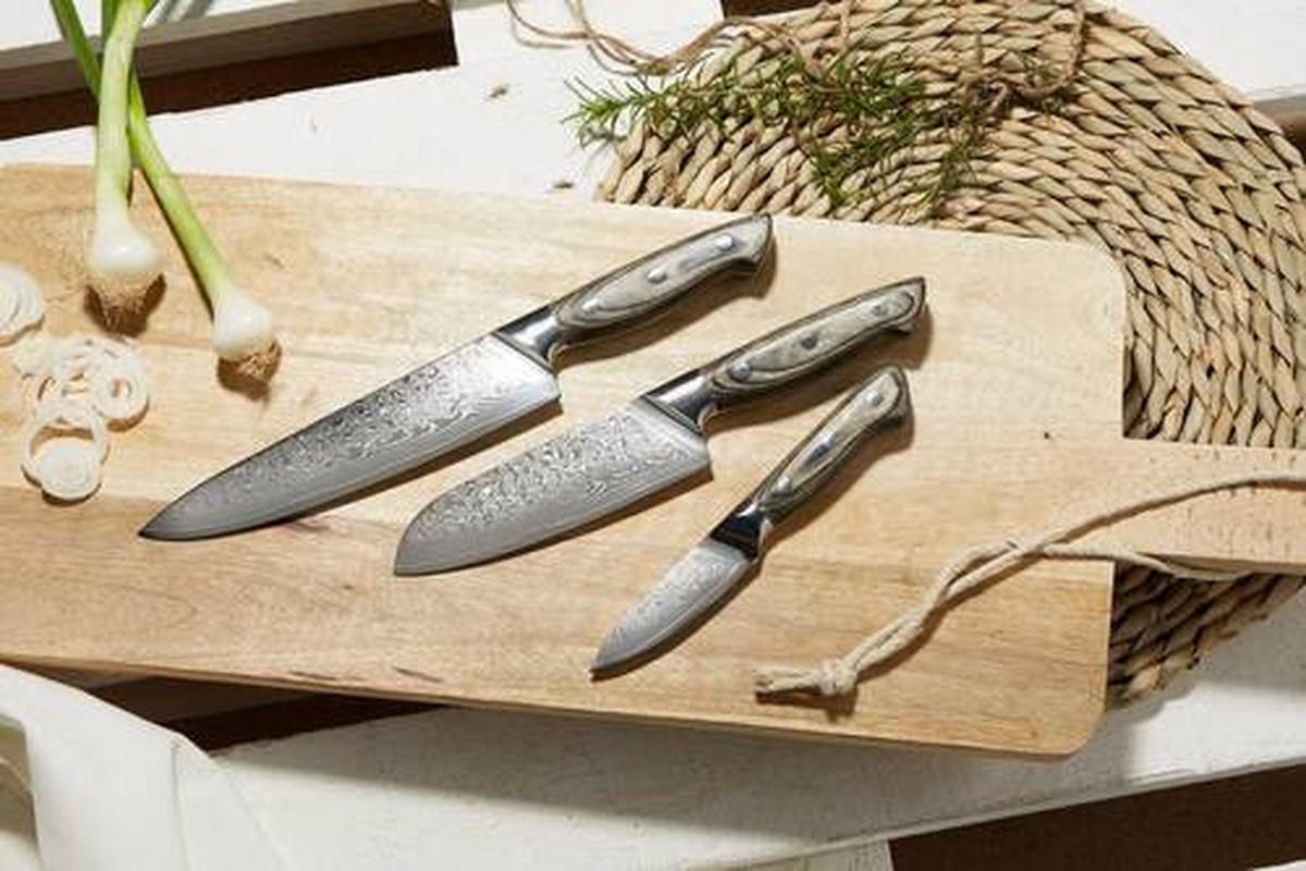 Messerset Damast, 3-teilig - Silberfarben/Grau, Holzwerkstoff/Metall (36,2/3,2/17,4cm) - Premium Living