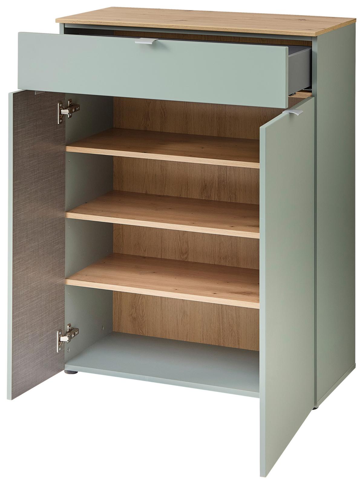 SZAFKA NA BUTY BARI - kolor srebrny/czarny, Design, materiał drewnopochodny/tworzywo sztuczne (78/103/38cm)