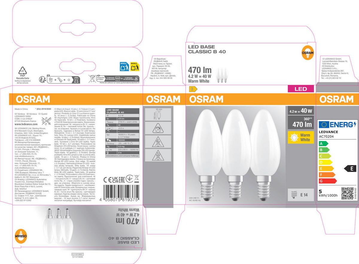 ŻARÓWKA LED BASECLB40 4W-827 GLFR - biały, Basics, szkło (3,5/10cm) - Osram